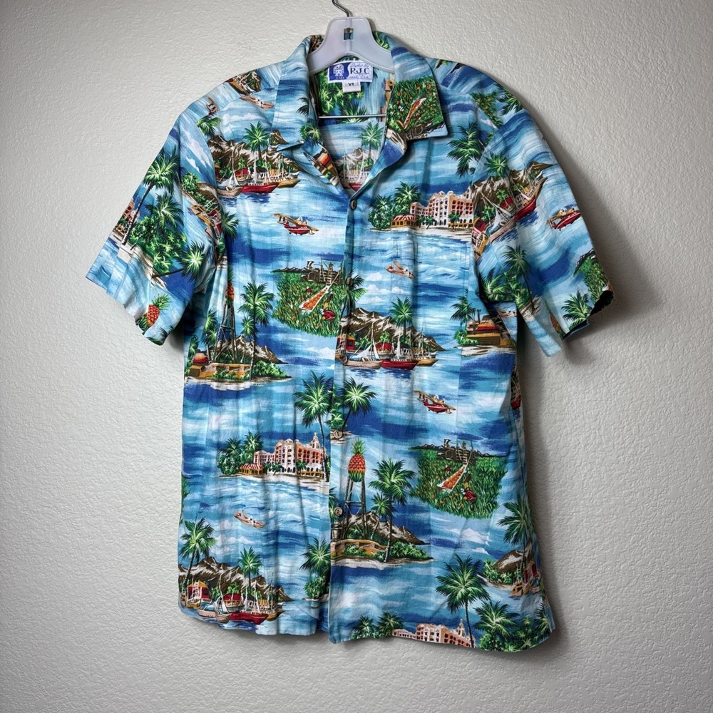 VTG Styled by RJC Hawaiian Shirt XL Blue Resort Island Tiki Camp Aloha Cotton